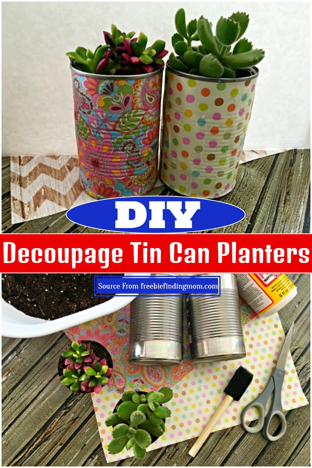 DIY Decoupage Tin Can Planters