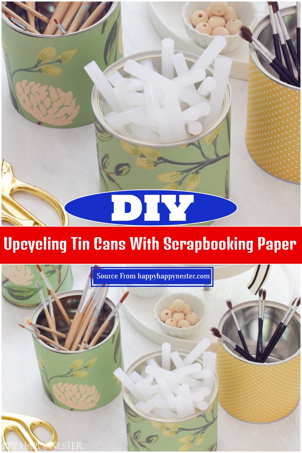 DIY Upcycling Tin Cans With Scrapbooking Paper