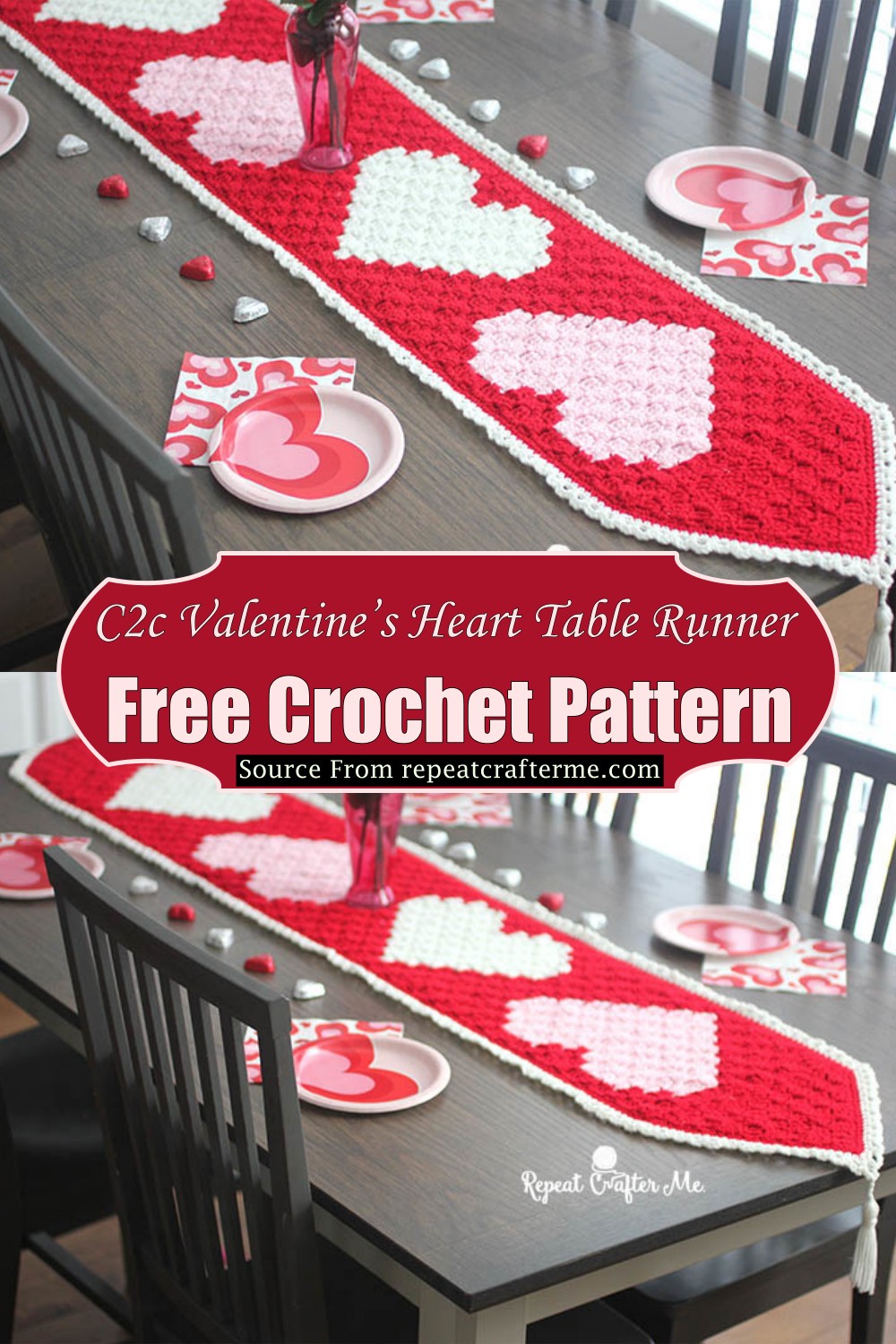 Crochet C2c Valentine’s Heart Table Runner