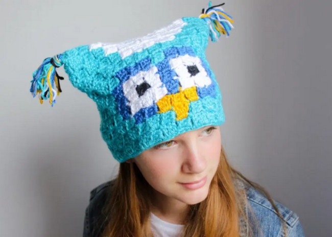 Free Crochet Owl C2C Sack Hat Pattern