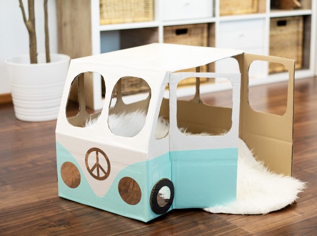 DIY Cardboard Cat House In The Style Of A Vw Bus
