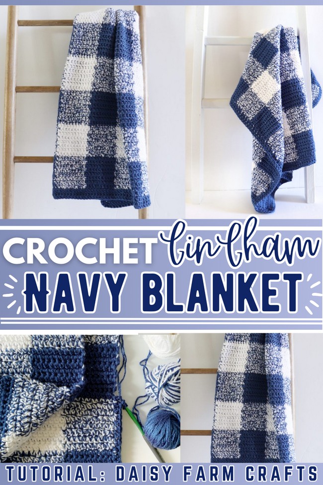 Navy Gingham Crochet Blanket