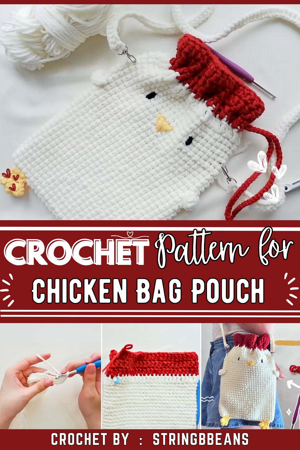 Crochet Chicken Bag Pouch Book Cover Drawstring Tutorial