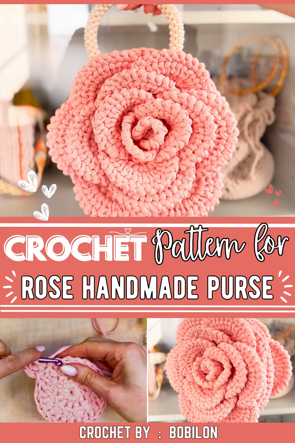 Crochet Flower Bag, Rose Handmade Purse