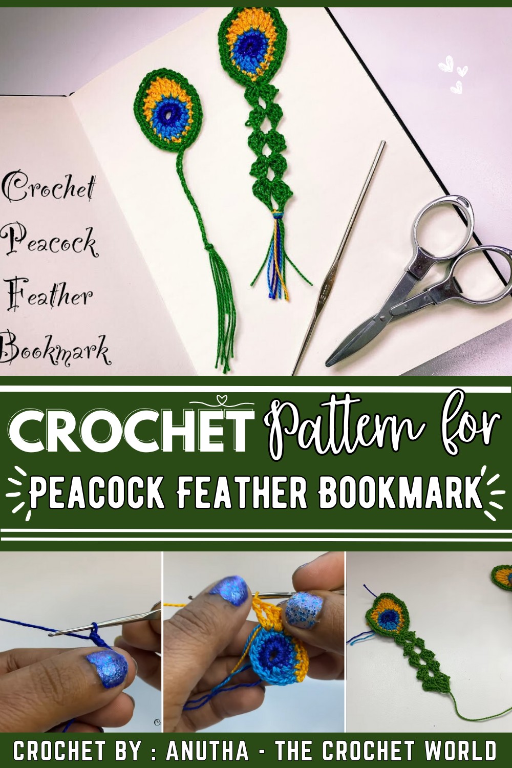 Crochet Peacock Feather Bookmark - English