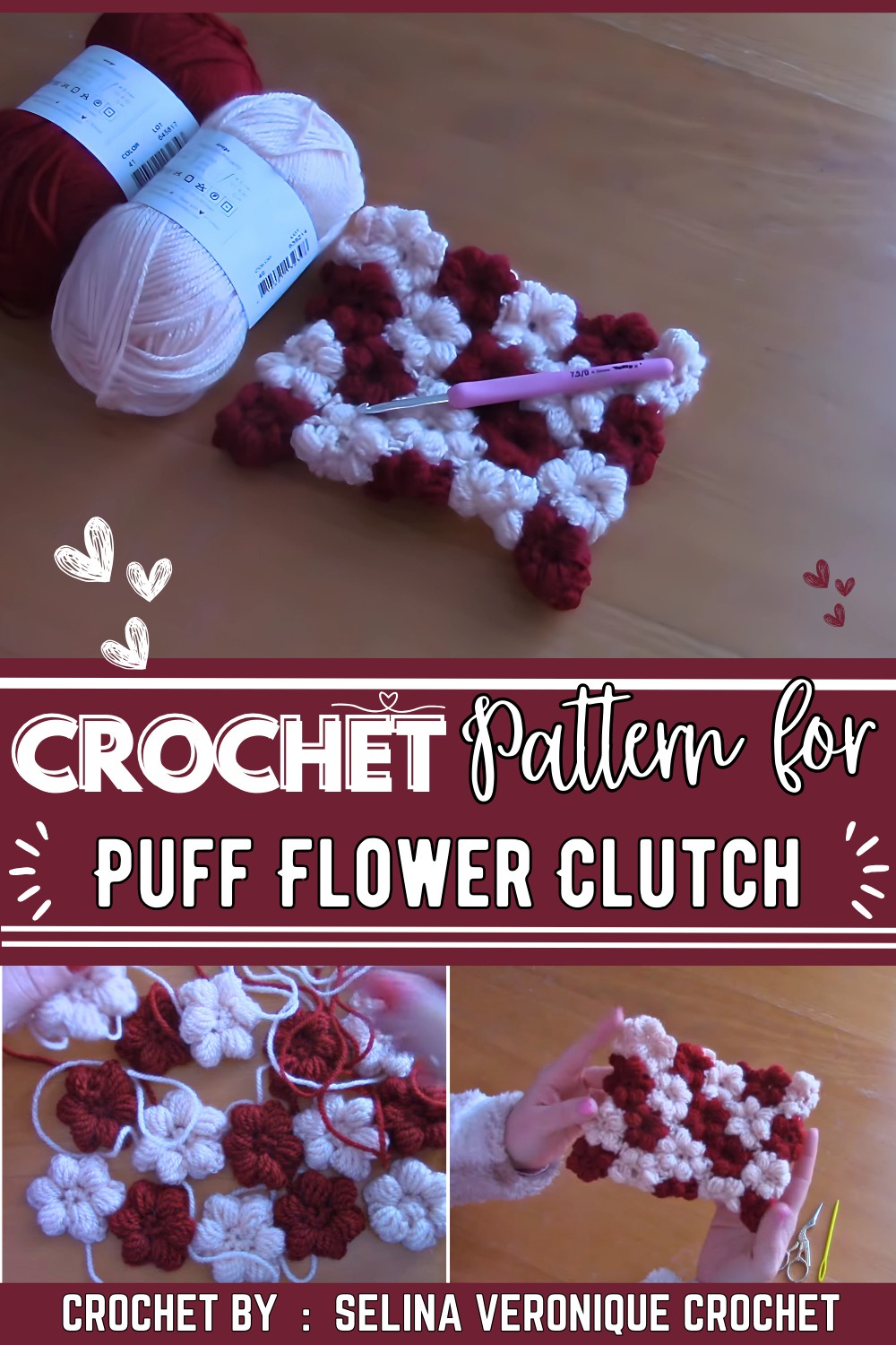 Crochet Puff Flower Clutch Bag