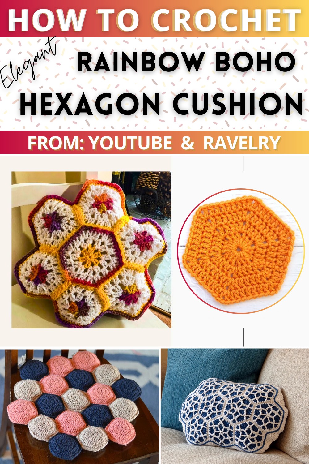 Rainbow Boho Hexagon Throw Cushion Free Crochet Pattern