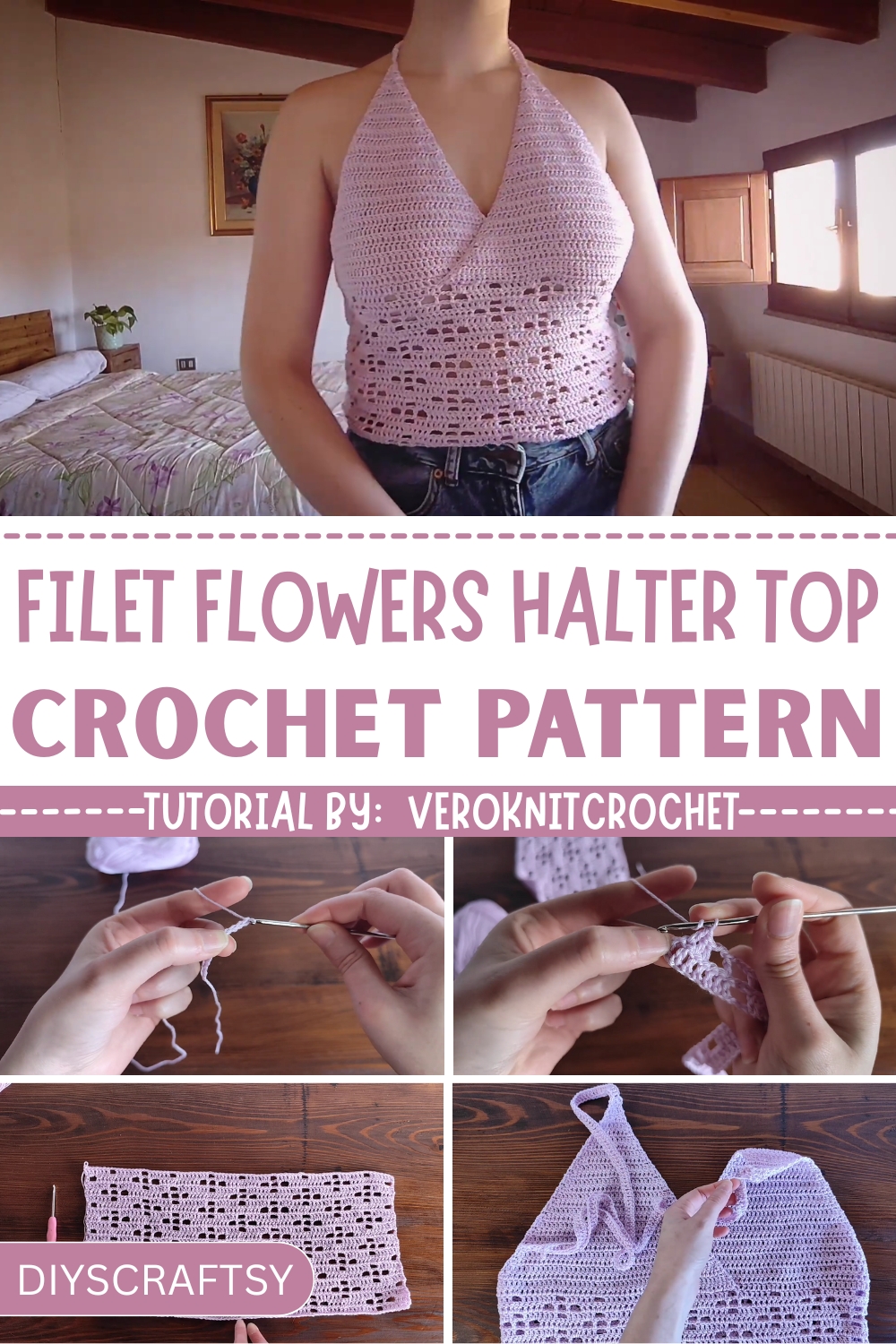 Cute Crochet Filet Flowers Halter Top Step-by-Step