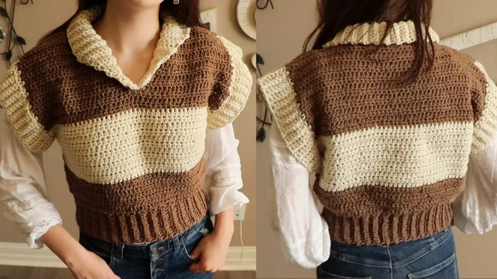 Cozy Crochet Stripped Collar Sweater 1