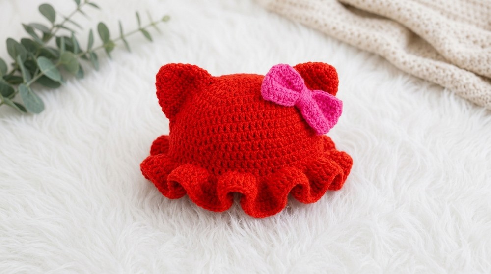 Crochet Cat Ear Beanie Ruffle Bow Pattern 4