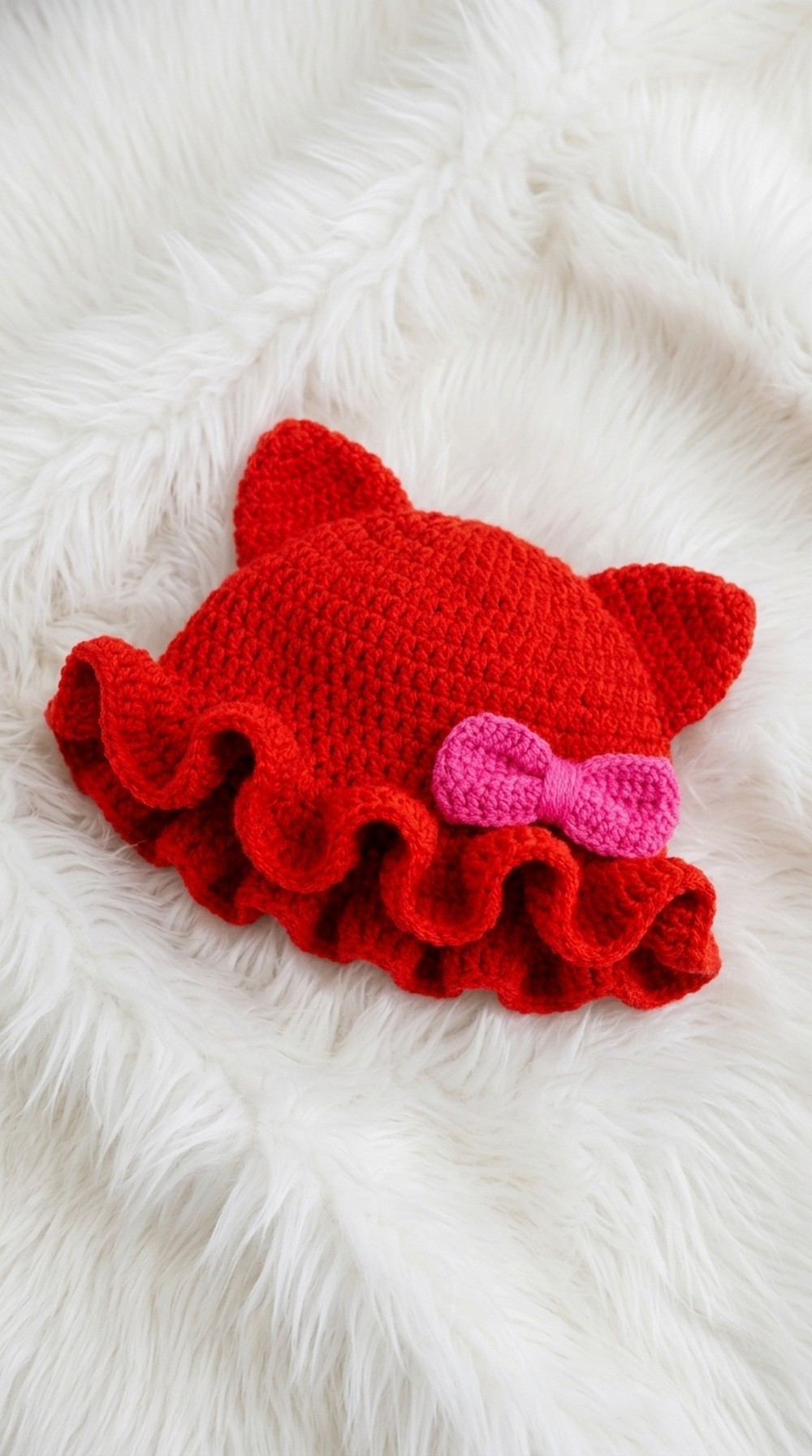 Crochet Cat Ear Beanie Ruffle Bow Pattern 5