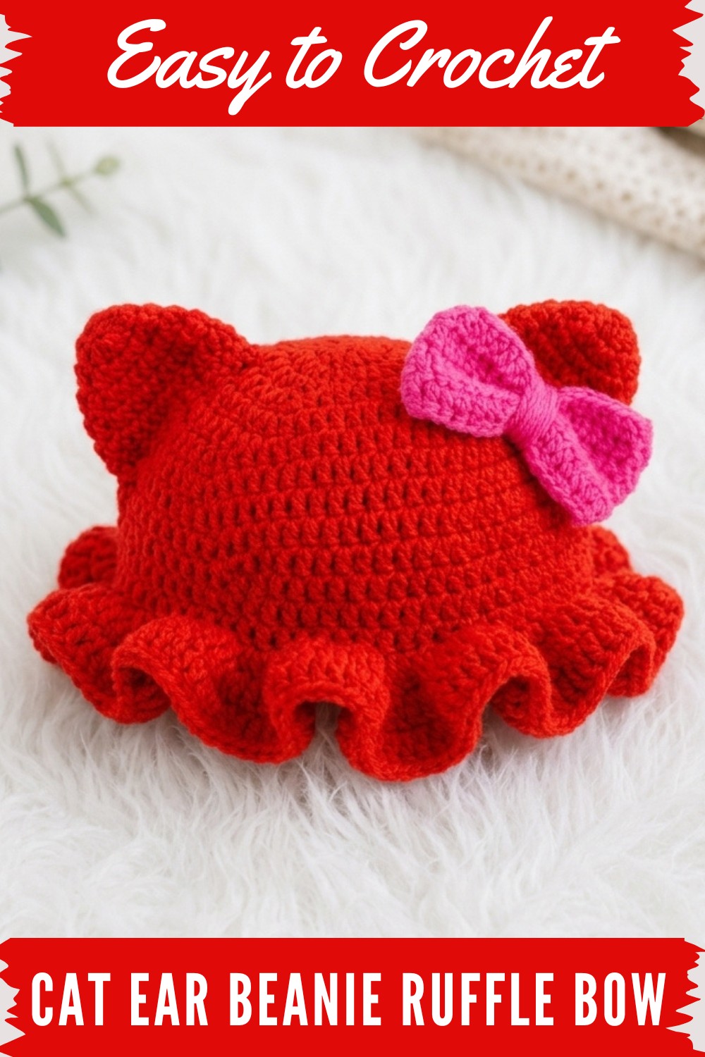 Crochet Cat Ear Beanie Ruffle Bow Pattern