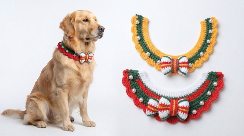 How To Crochet Christmas Style Pet Collar For Dog Cat (2)